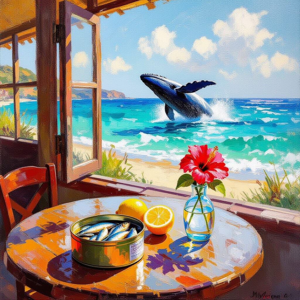Beach Cafe Scene with Whale, Lemon, and Hibiscus