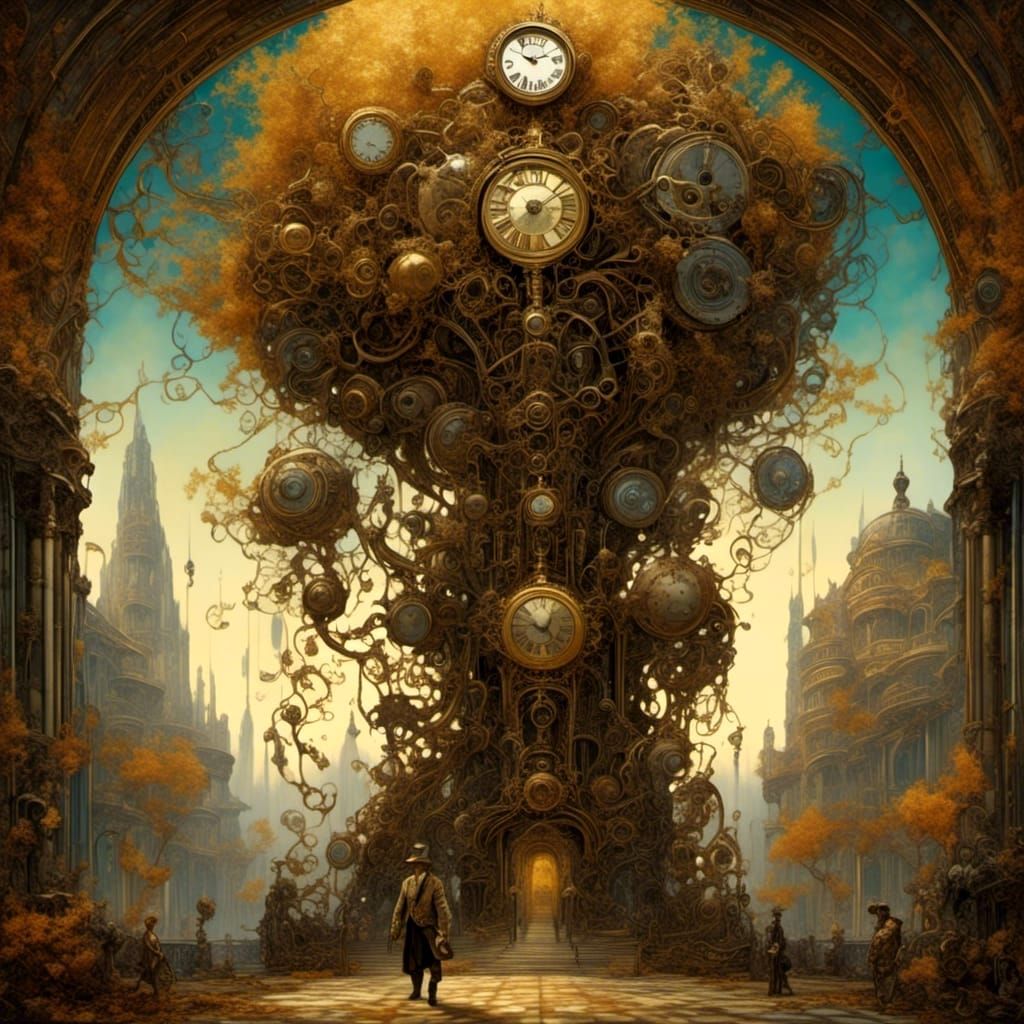 Clockwork Golem in Edenic Gardens, Hyperrealistic Art