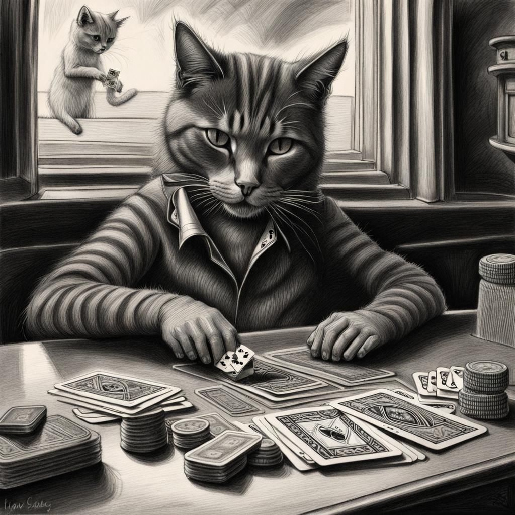 Mysterious Cat Gambler: Charcoal Drawing at Casino