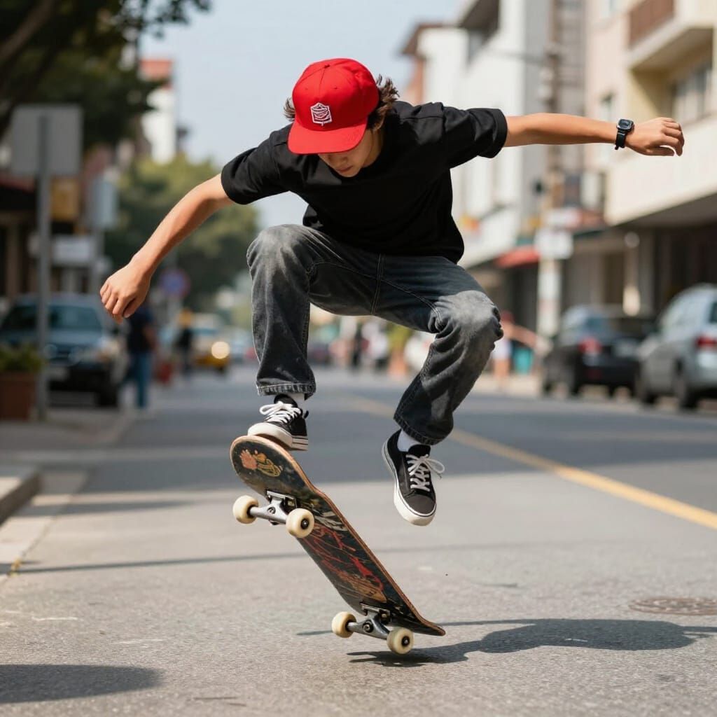 Teen Skateboarder Jumps High Over Sunny Street