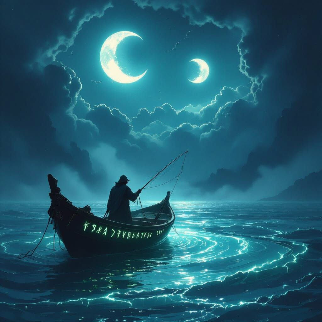 Lone Fisherman in Ethereal Mist, Twin Moons, Dark Fantasy Ar...