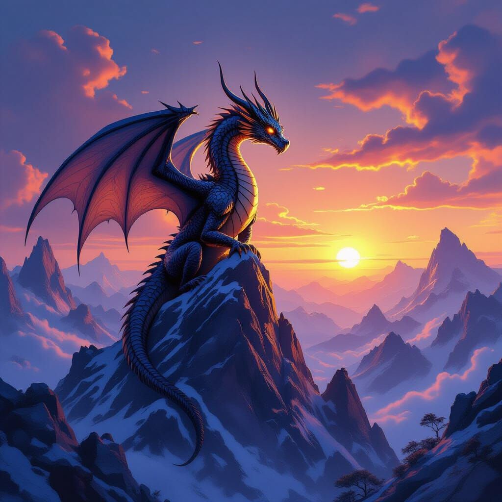 Obsidian Dragon on Crystalline Peak, Binary Sunset