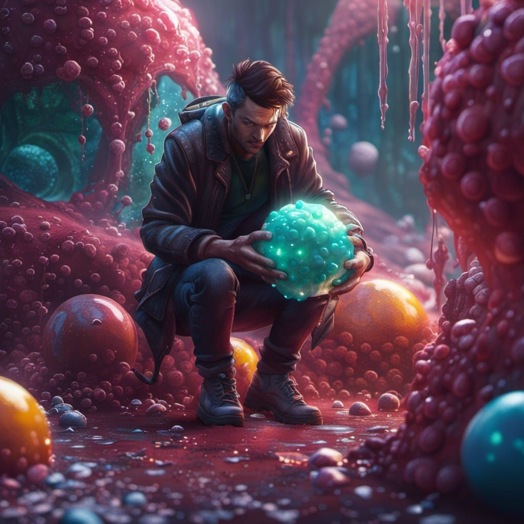 Man Taming Sentient Slime Balls: Fantasy Art
