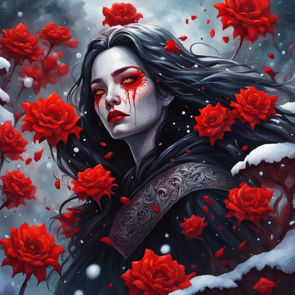 Lady Vampire in Snow with Blood Red Flowers