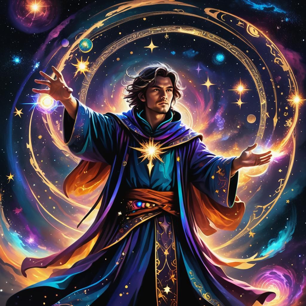 Fantasy Mage Conjuring Magic Circle in Digital Art