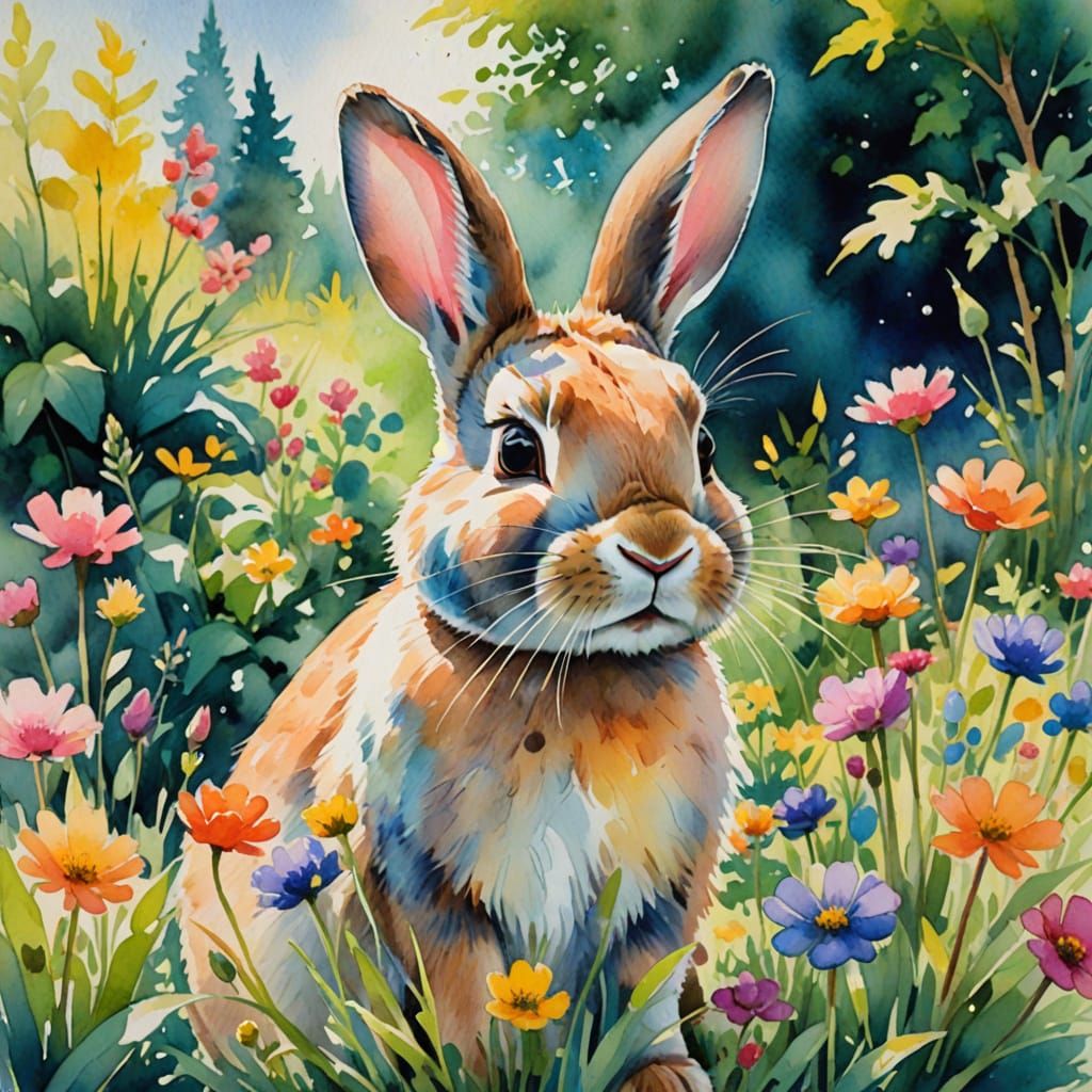 Whimsical Watercolor Garden Scene of a Bunny Painter
