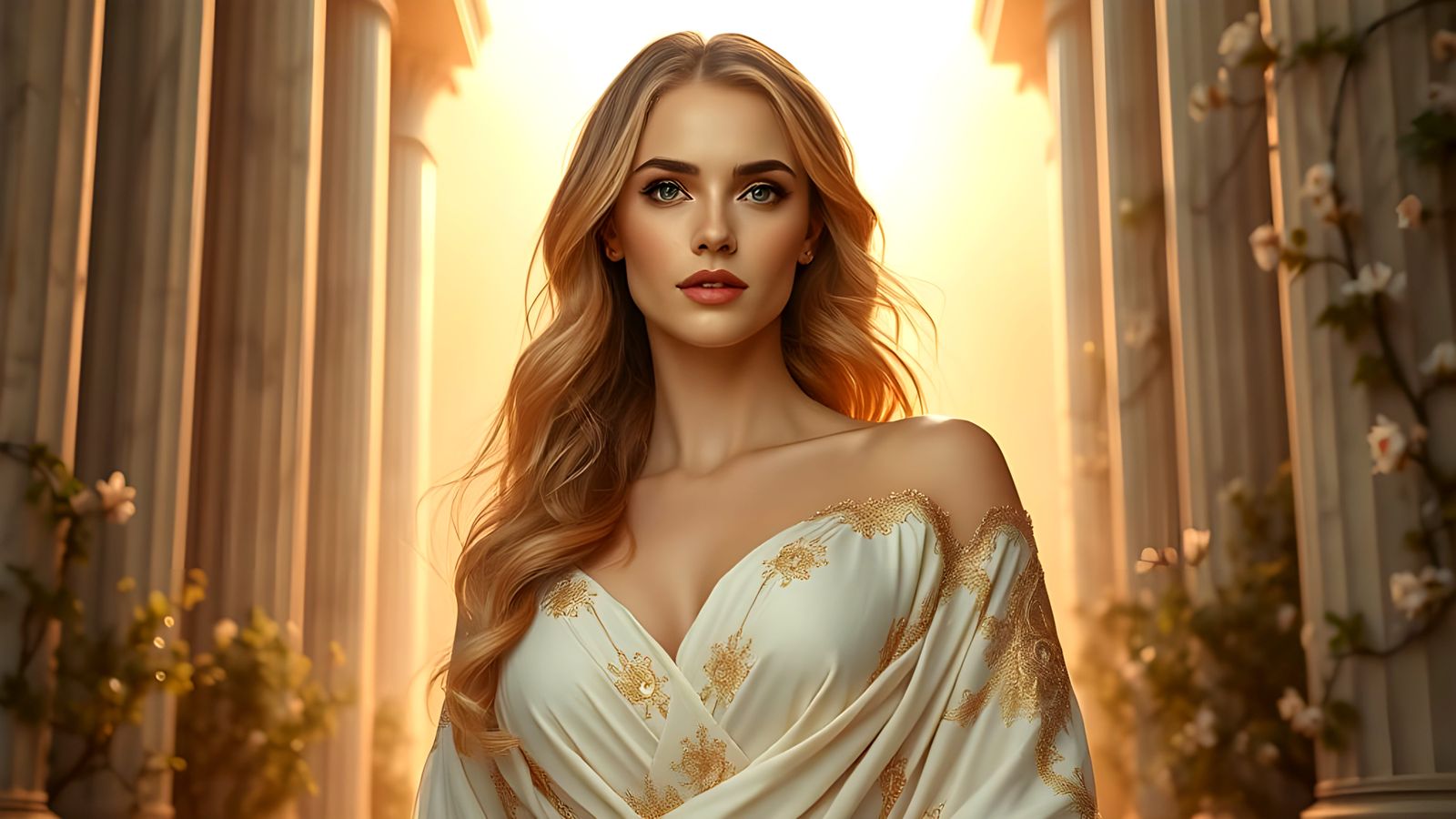 Goddess in Ancient Greek Temple Setting with Divine Radiance
