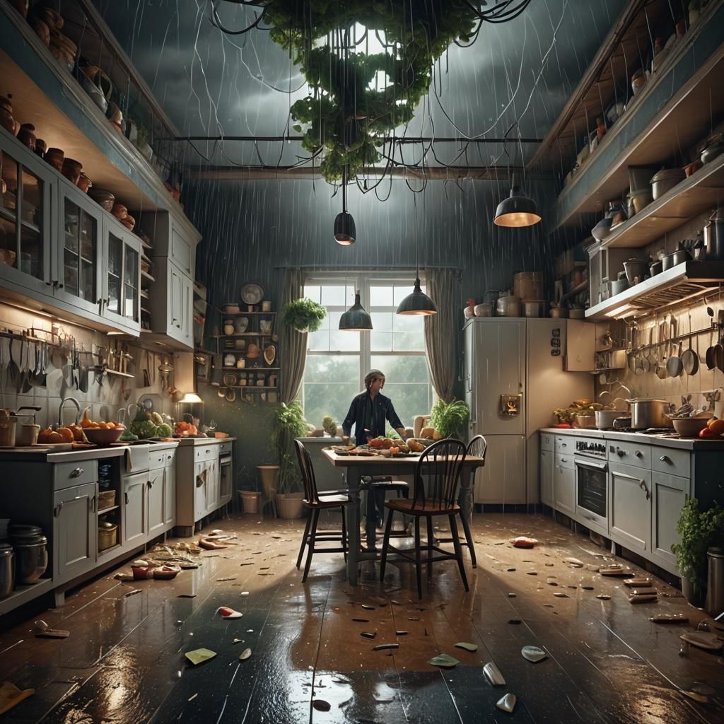 Kitchen Rainstorm: Epic Cinematic Digital Painting