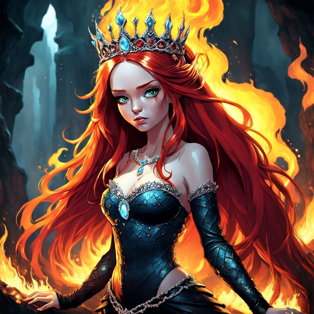 Fiery Princess with Tiara in Dark Underworld