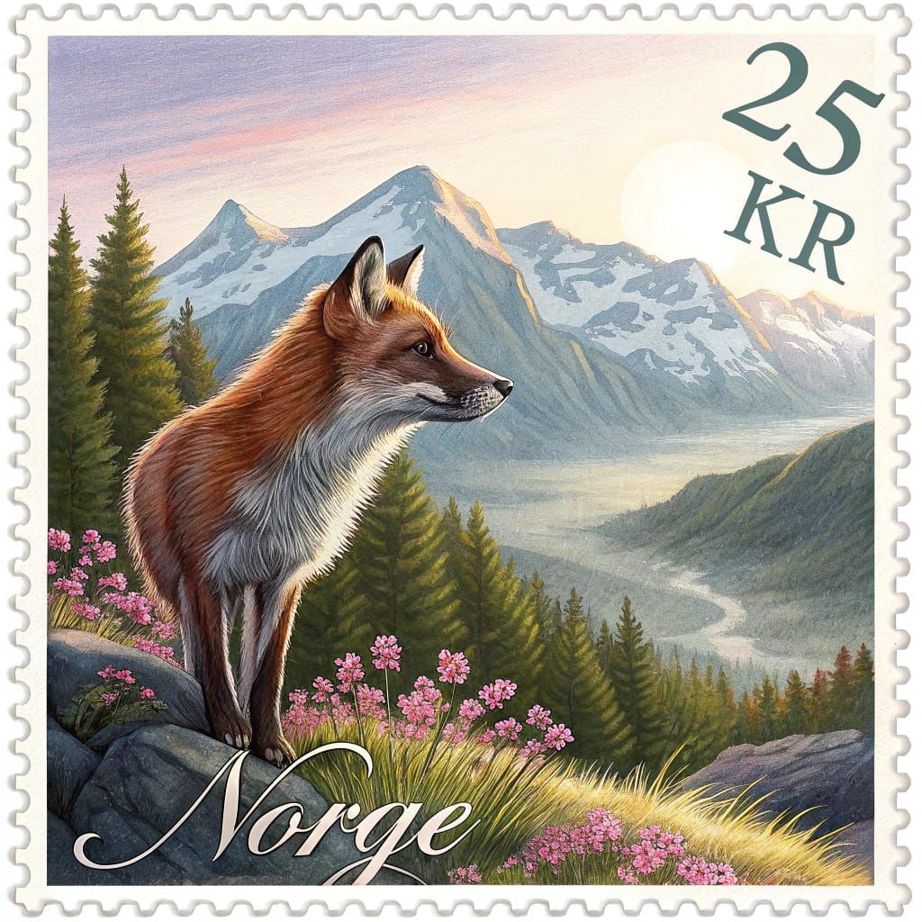 Fox Portrait on Norwegian Stamp, Hyperrealistic Art