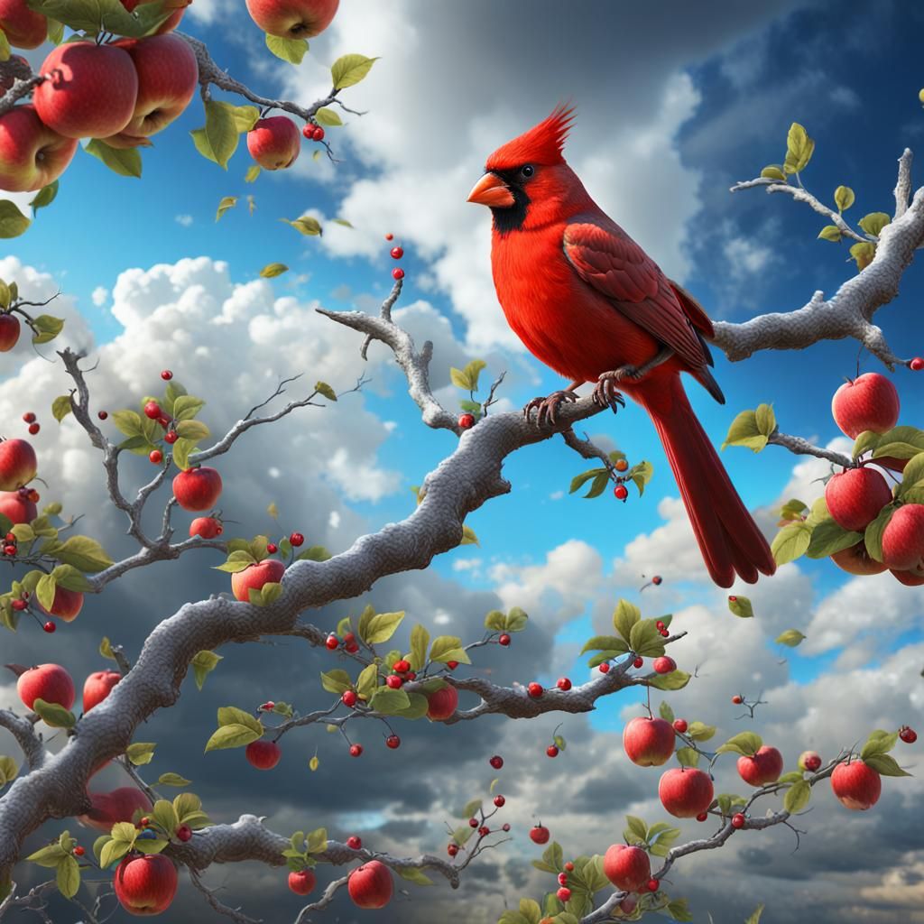 Vibrant Cardinal Singing in Apple Tree