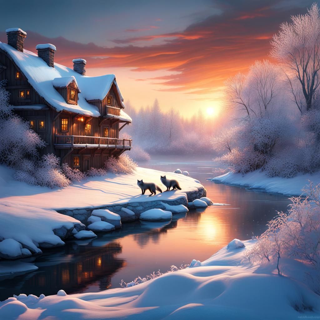 foxes winter snowy riverscape sunset fantasy