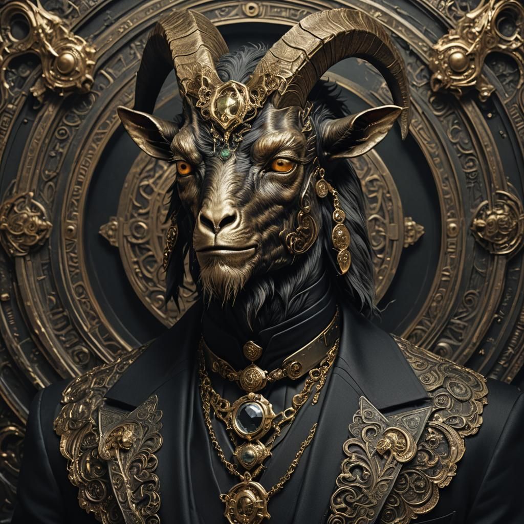 Bronze Goat Man in Black Suit, Hyperrealistic Portrait