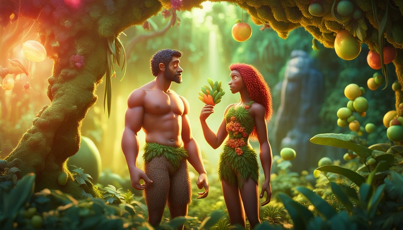 Adam and Eve: A Pixar-Style Paradise Scene