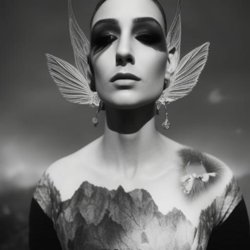 Infrared black and white photography,  Portrait of a  fairy woman with wings attavhed to back Close up portrait, ambient...