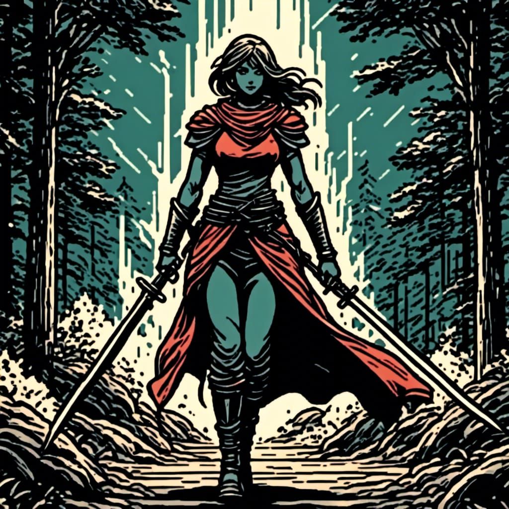 Female Warrior with Sword in Vector Line Art