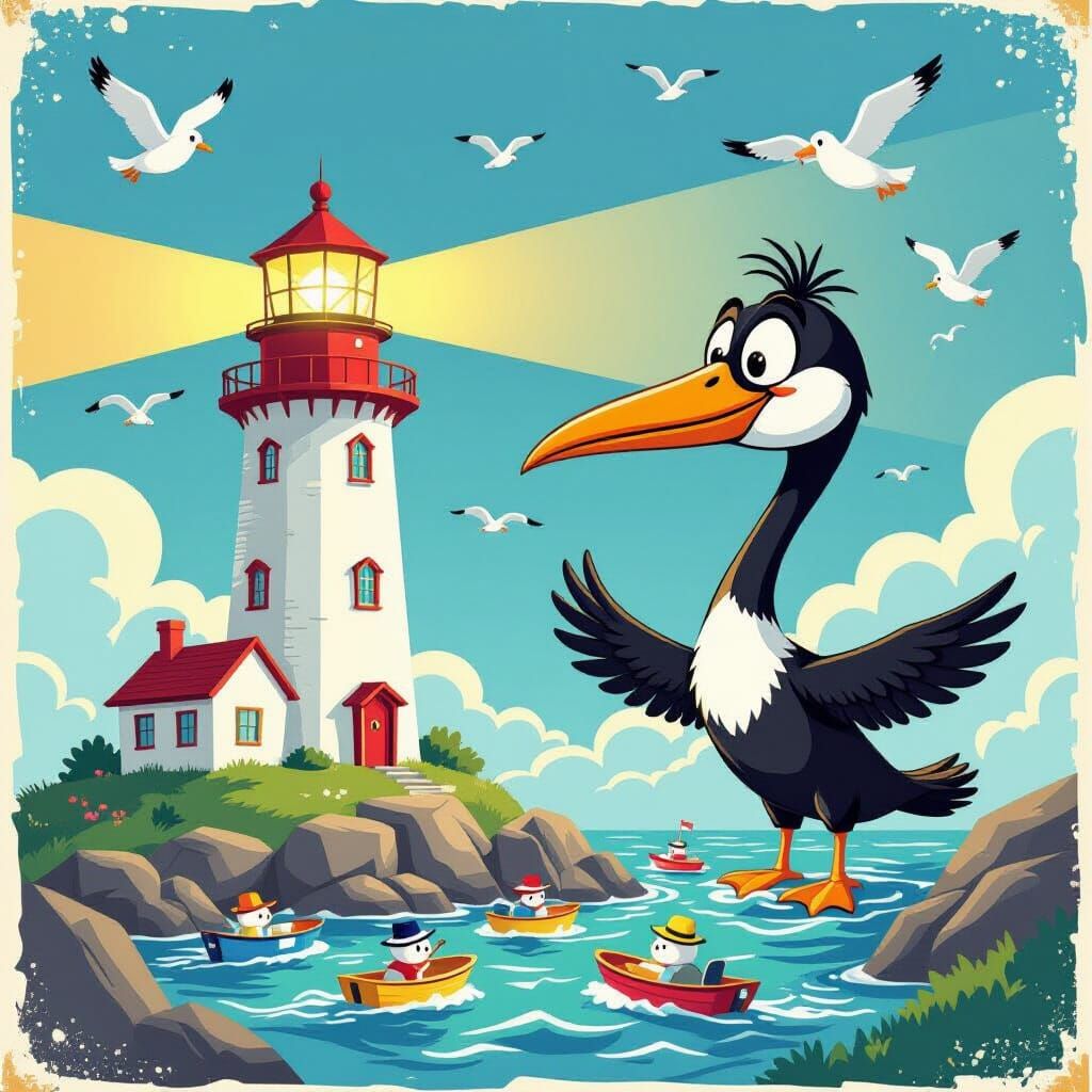 Cartoon Lighthouse Guiding Boats in Vintage Style