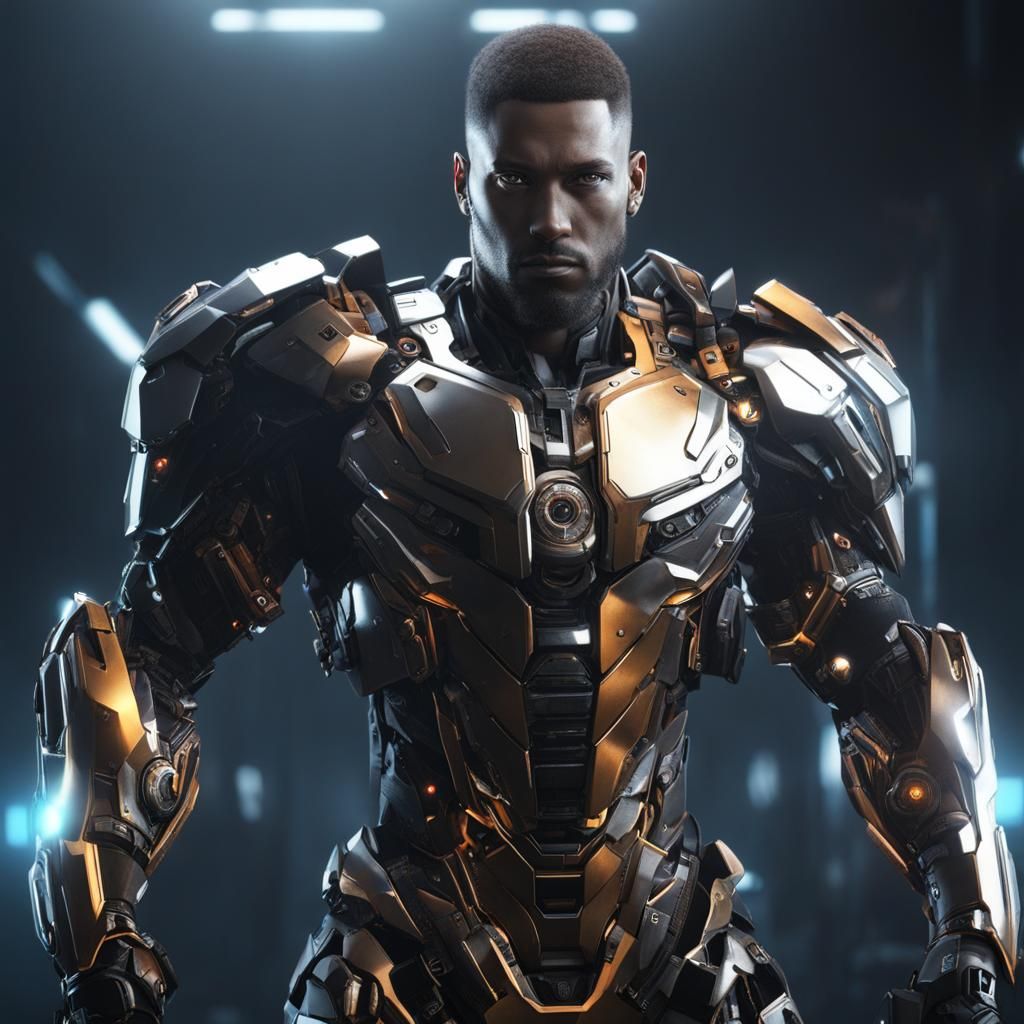 Detailed Cyborg Portrait with Techno Background