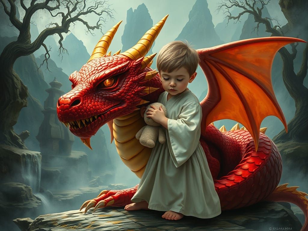 A Young Child Friends a Majestic Dragon in a Fantastical Lan...