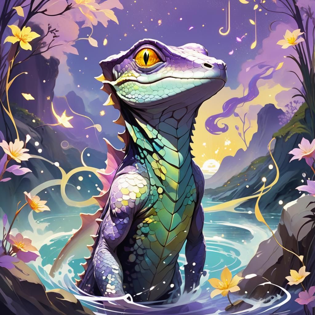 Anime Lizard in Musical Landscape, Alphonse Mucha Style