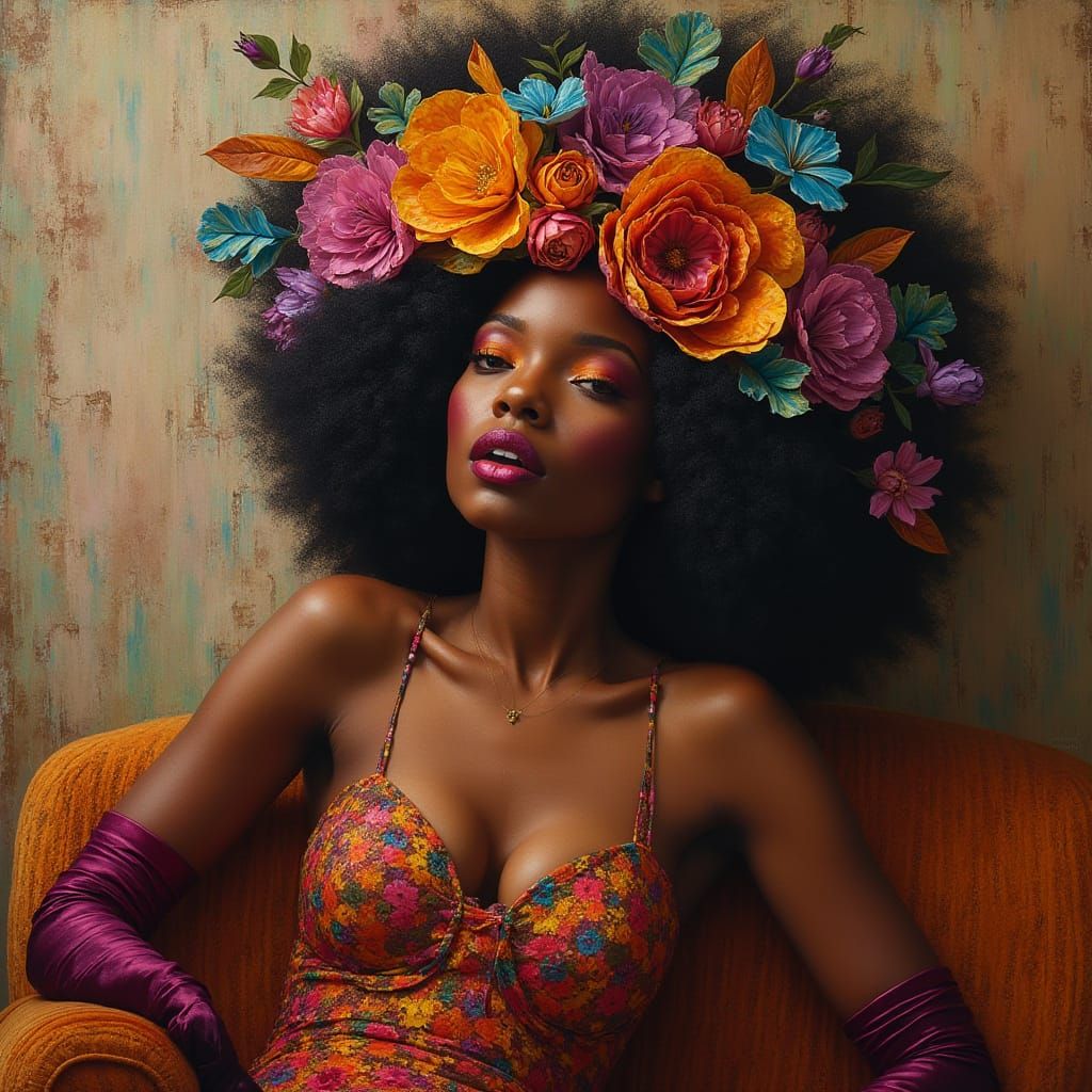 Regal African Woman in Vibrant Floral Afro with Kaleidoscope...