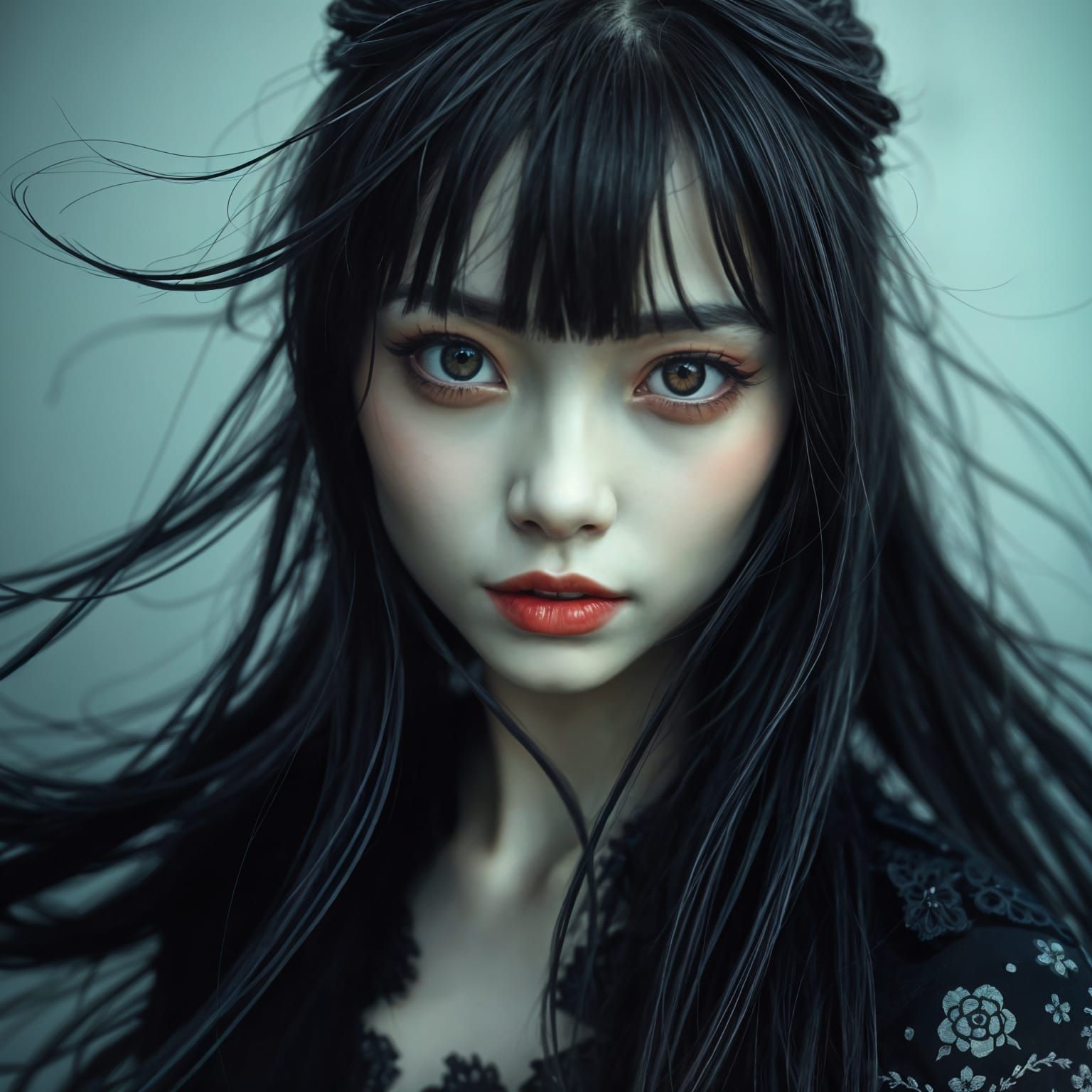Sinister Gothic Beauty with Flowing Black Hair
