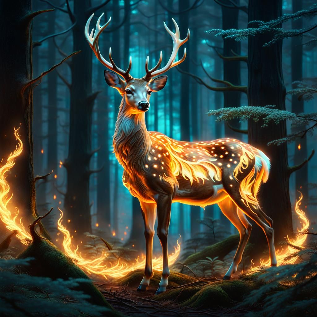 Ethereal Transparent Deer in Dark Forest: Fantasy Art