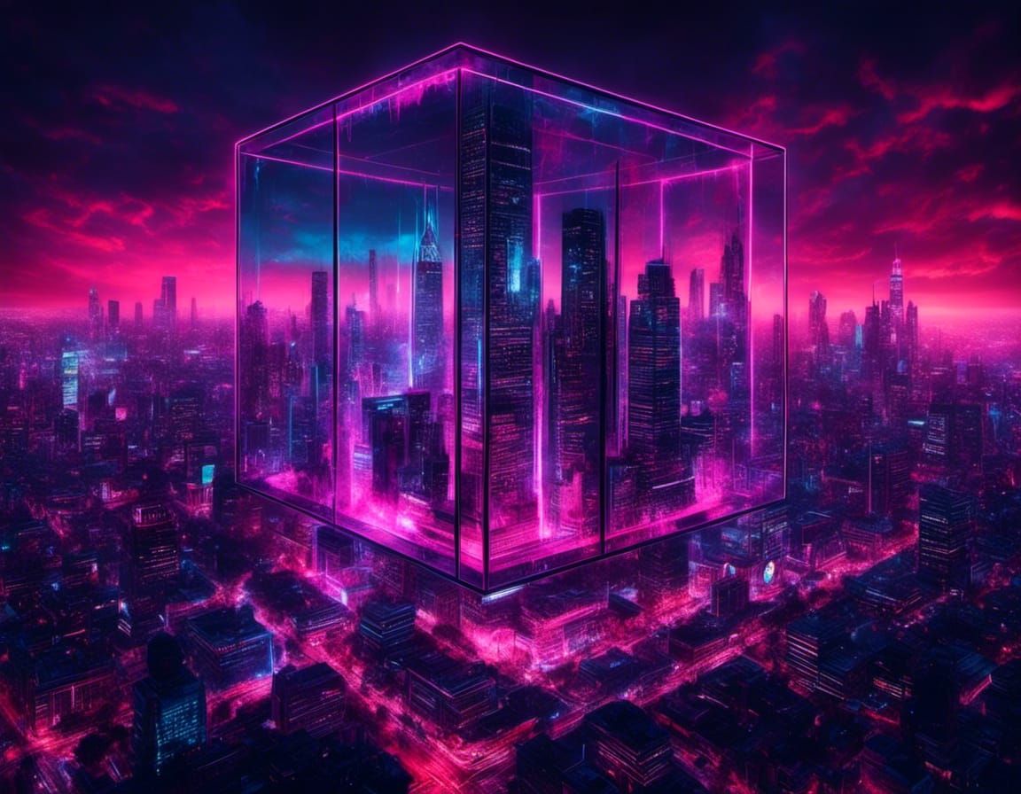 Modern Building with Square Window in Cyberpunk Cityscape