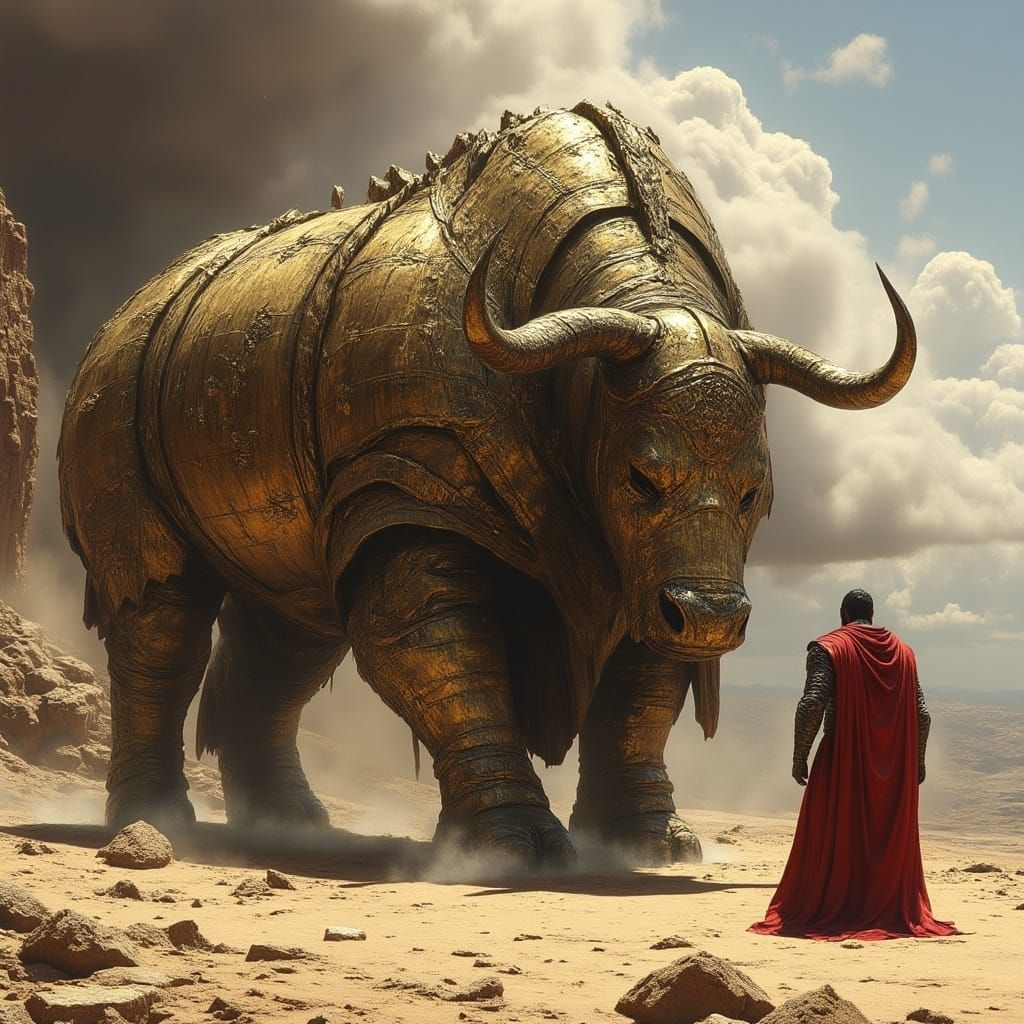 Mythic Armored Beast in Ancient Ruins, in the Style of Impre...