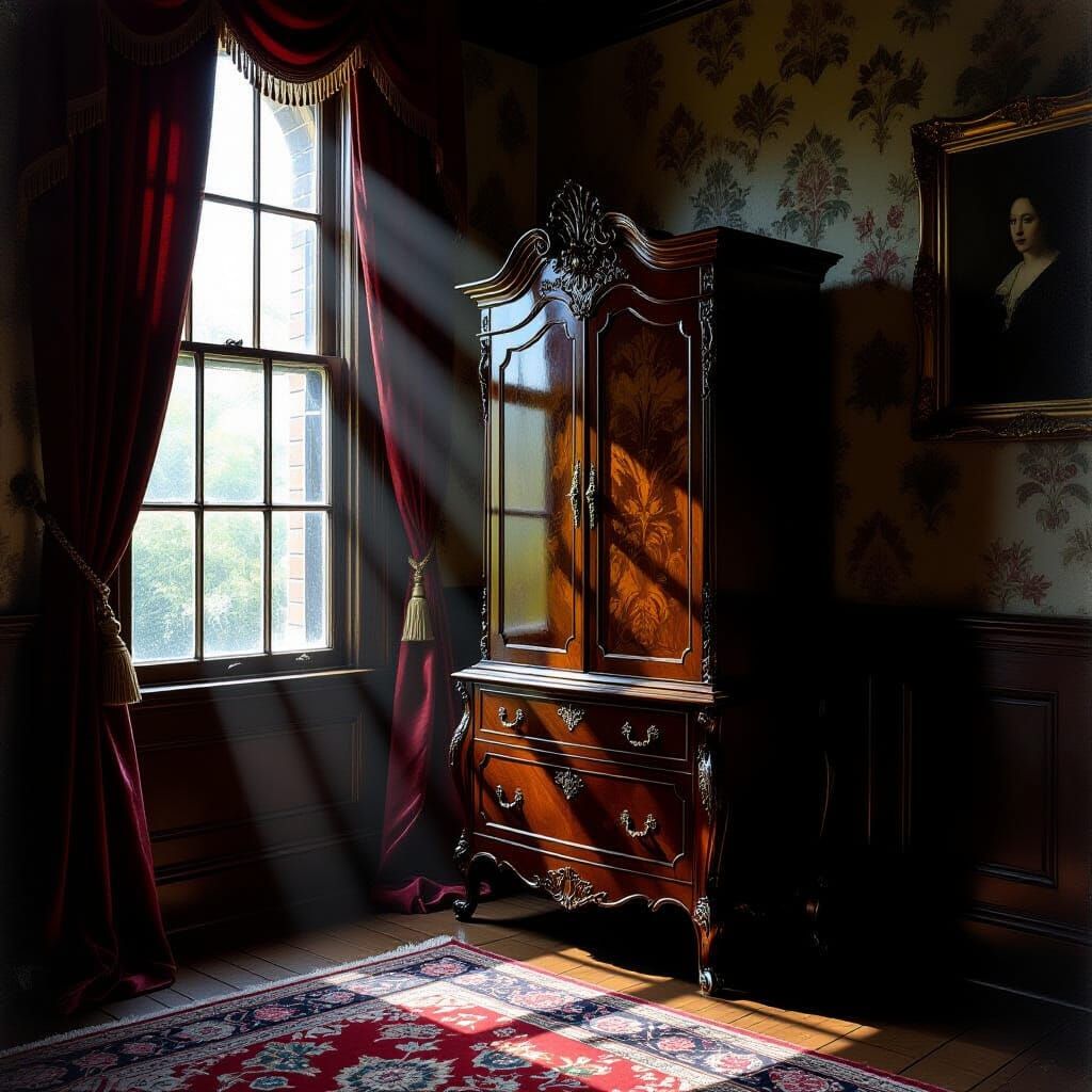 Ornate Victorian Cabinet in Dimly Lit Room