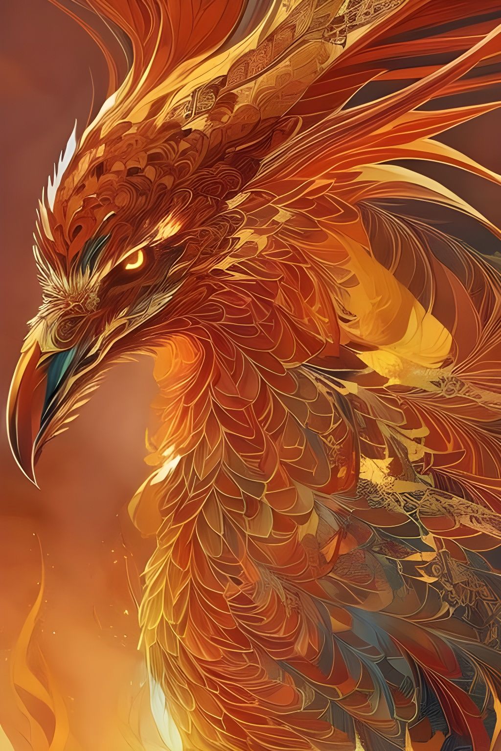 Detailed Golden Phoenix Portrait with Flaming Aura