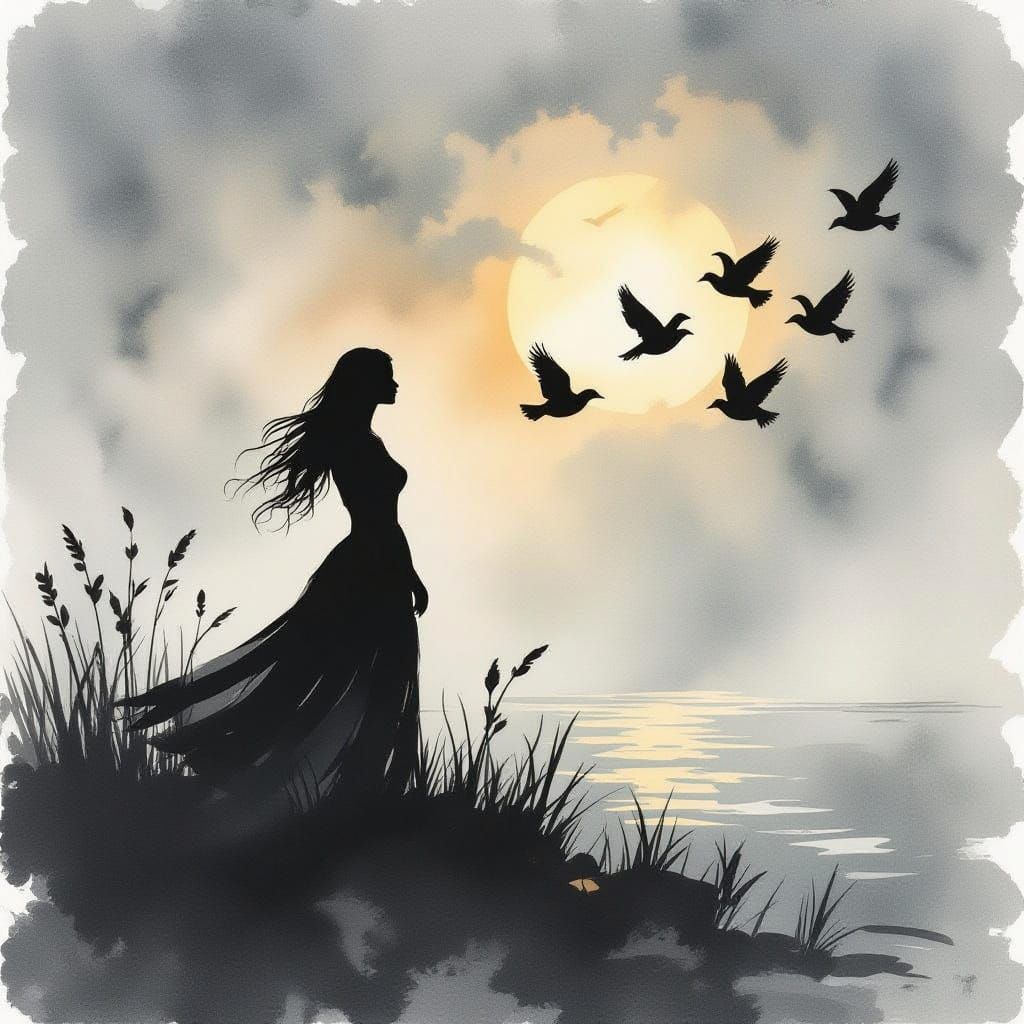 Ducks Flying Over Breton Spaniel Silhouette in Watercolor