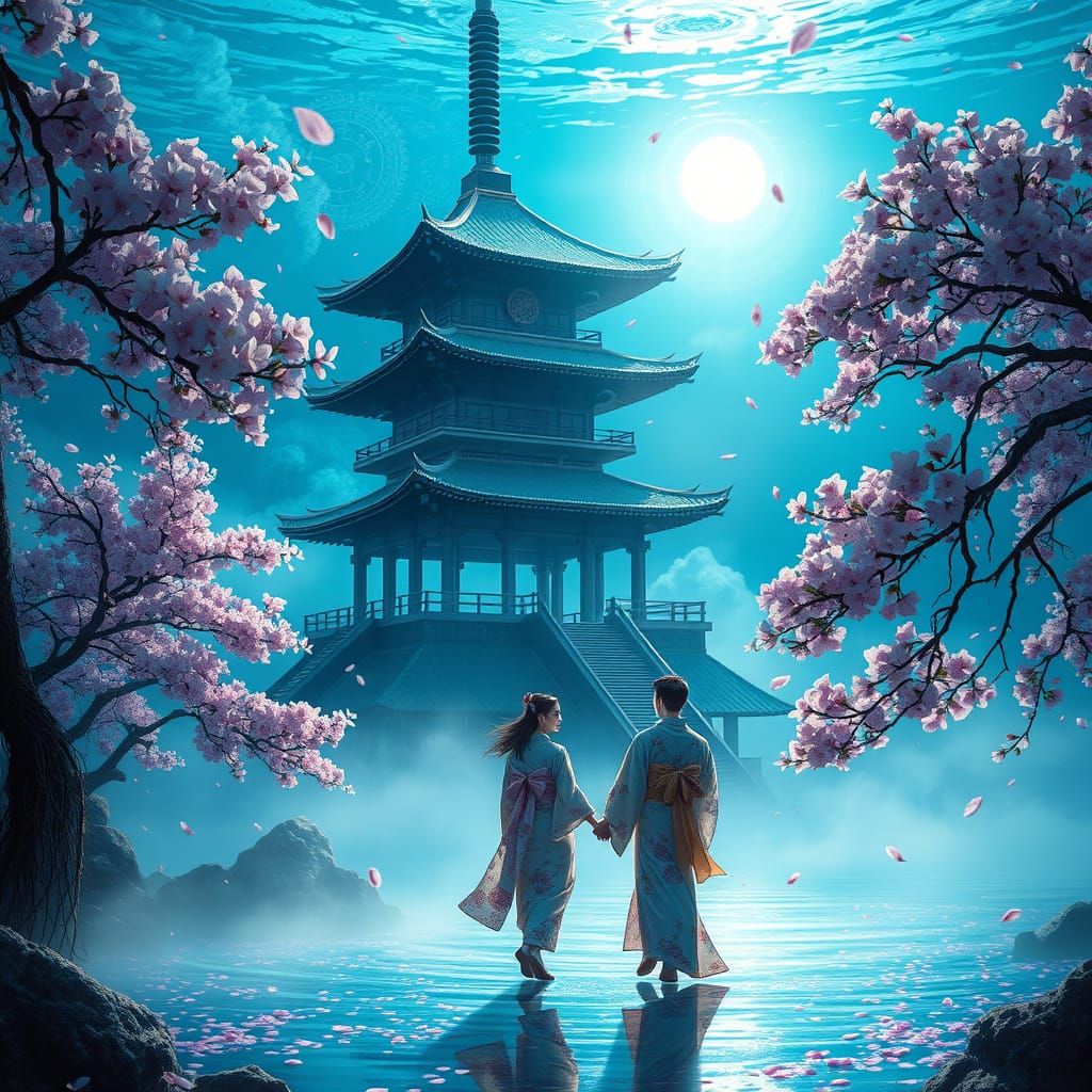 Underwater Pagoda with Clockwork Gears and Blossoms