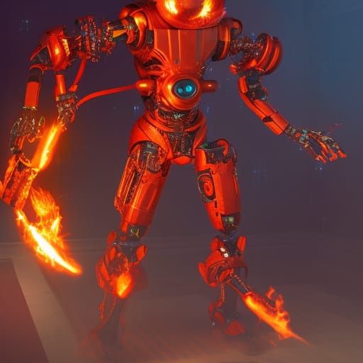 Humanoid Robot with Flamethrower: Detailed Matte Painting