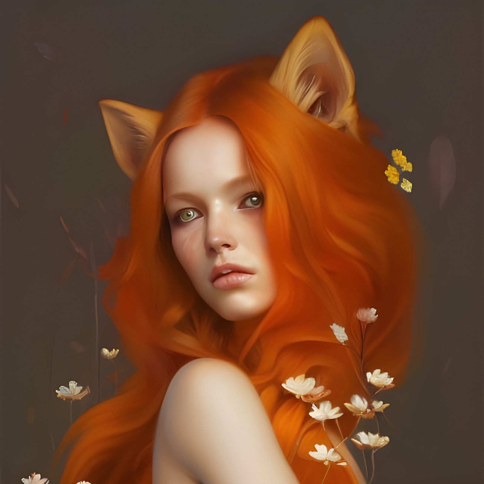 Fox Woman Portrait with Golden Flowers, Hyperdetailed Art