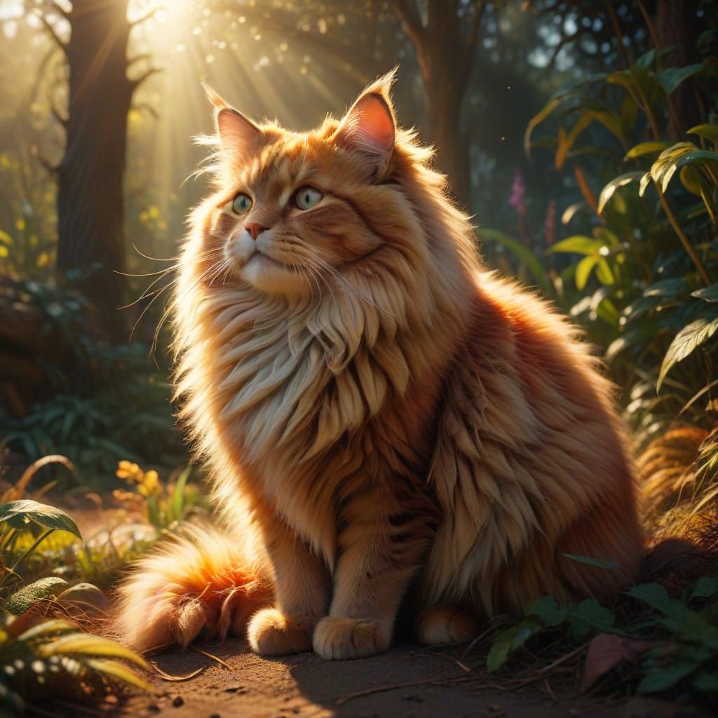 Vibrant Fluffy Cat Basks in Golden Hour Sunlight