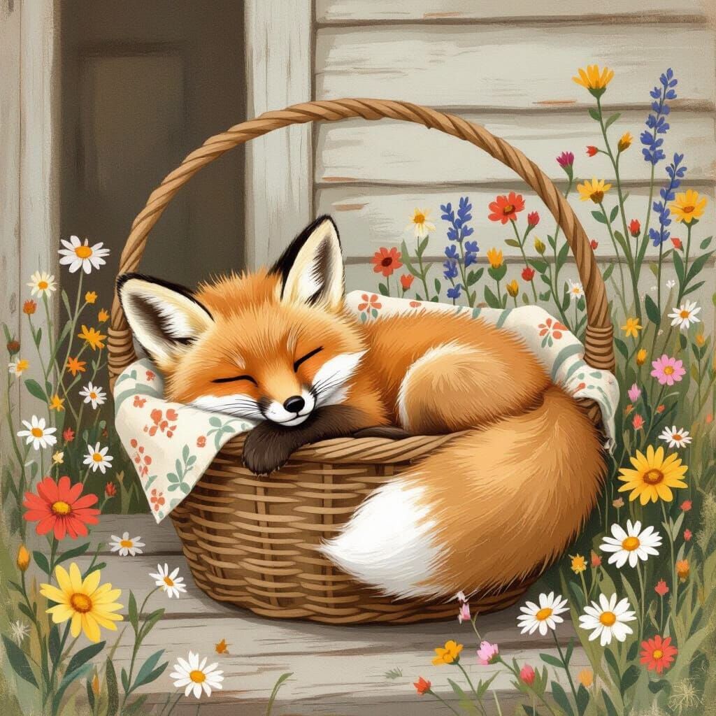 Relaxed Fox Cub Sleeping in Wildflowers