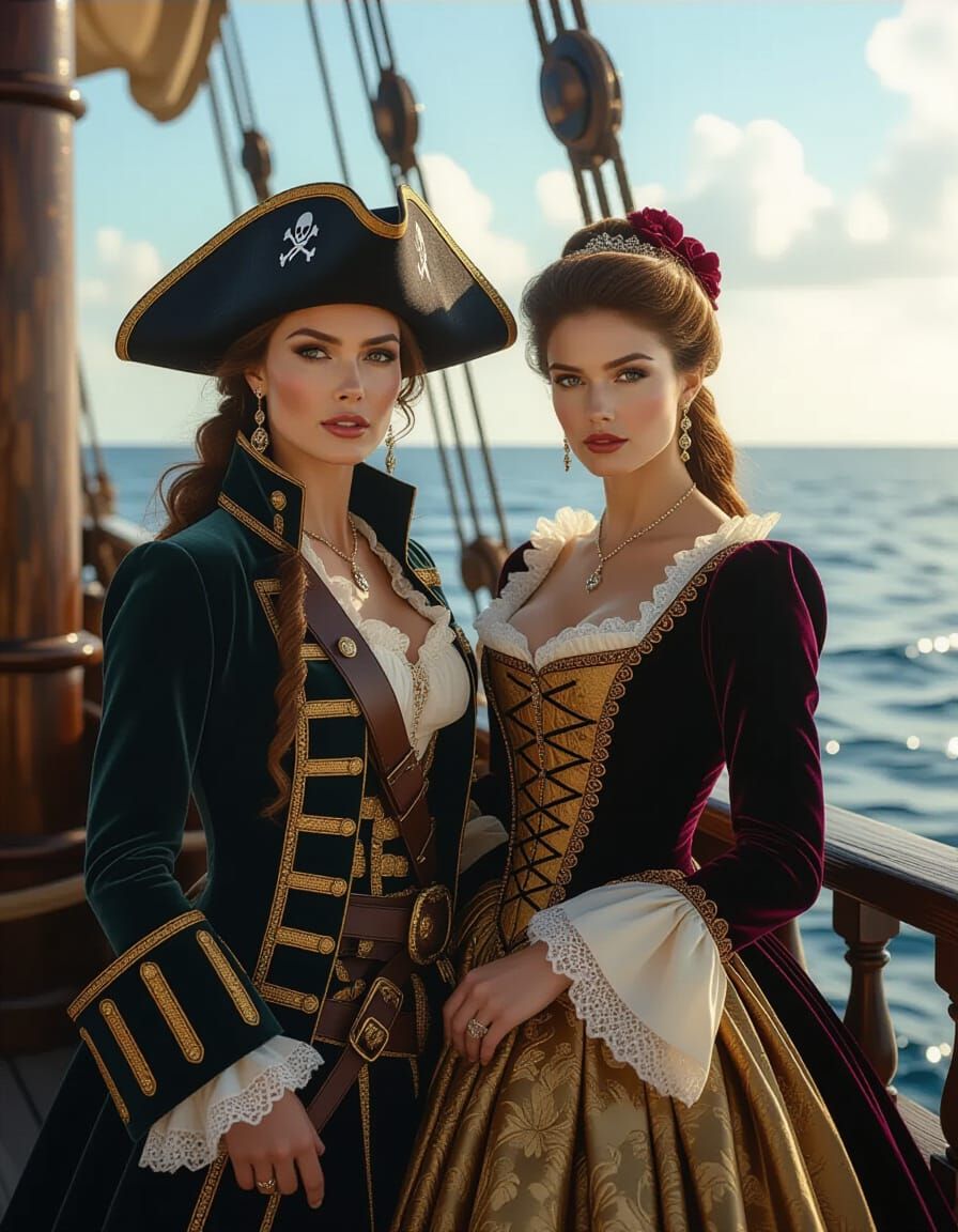 Pirate Woman and 1600s Lady by Ship Rail