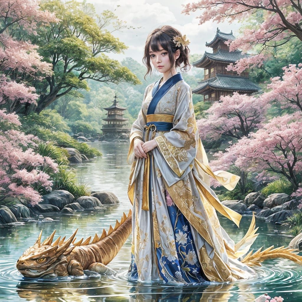 Girl in Golden Kimono with Water Dragon: Anime Style