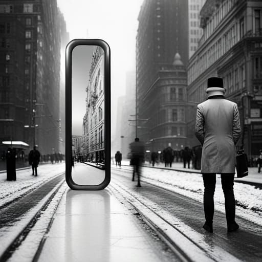 Mirror Reflects Snowy Cityscape: Silver Nitrate Photo