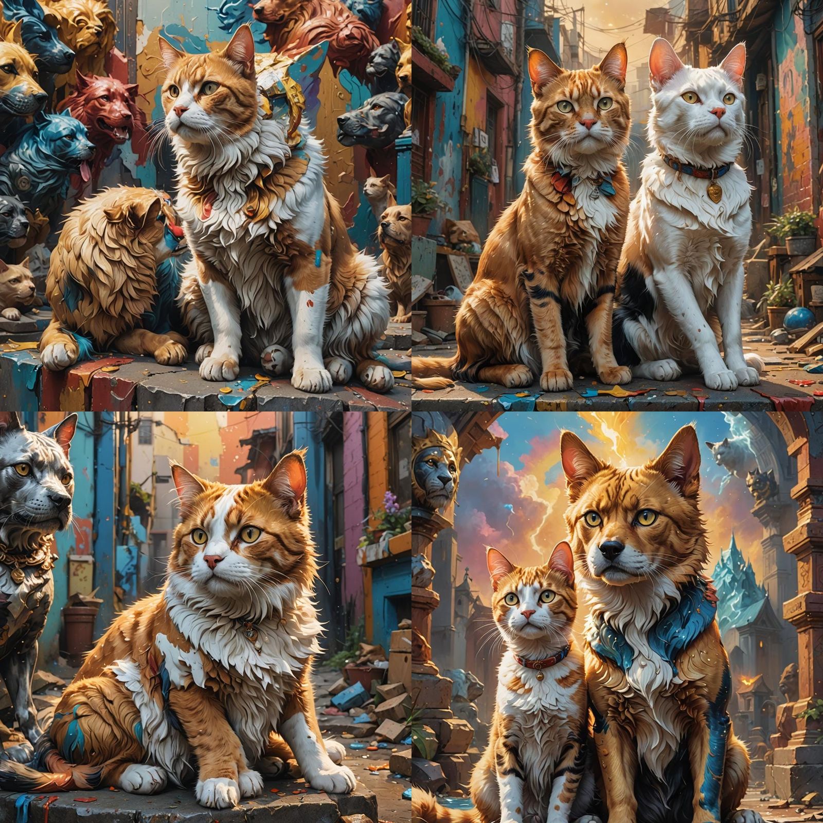 Hyperrealistic God Cat and Dog in Divine Realm
