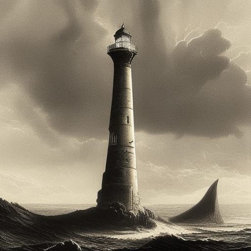 Horror Monster in Lighthouse: Doré and Rutkowski Style