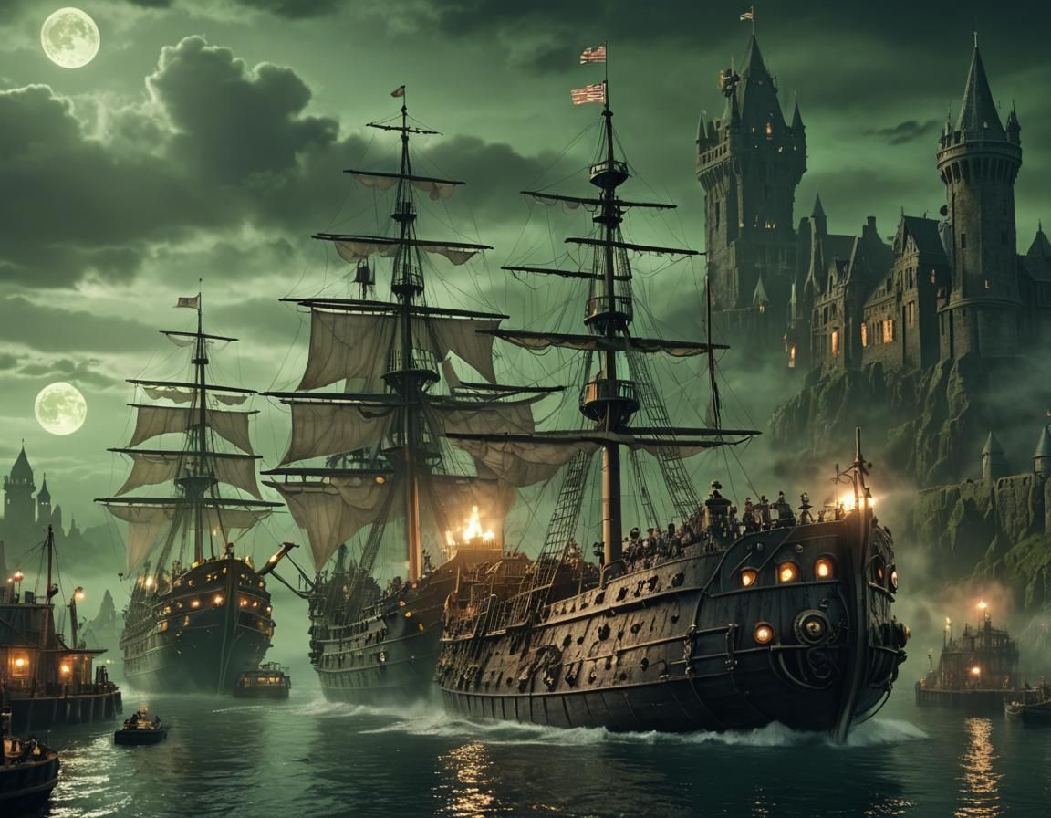 Steampunk Viking Battleship Near Castle in Mysterious Style