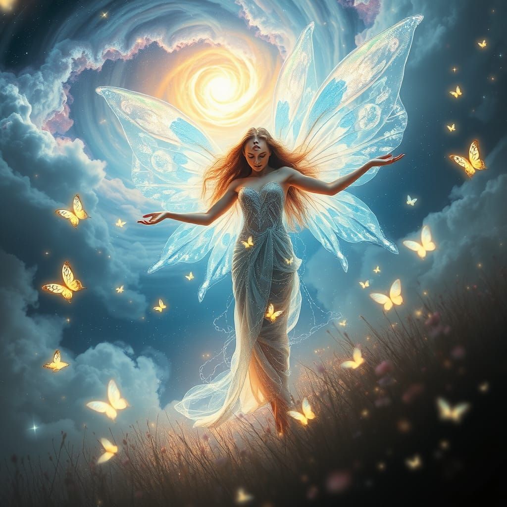 Fairy Goddess Amidst Cosmic Field with Starlight Butterflies
