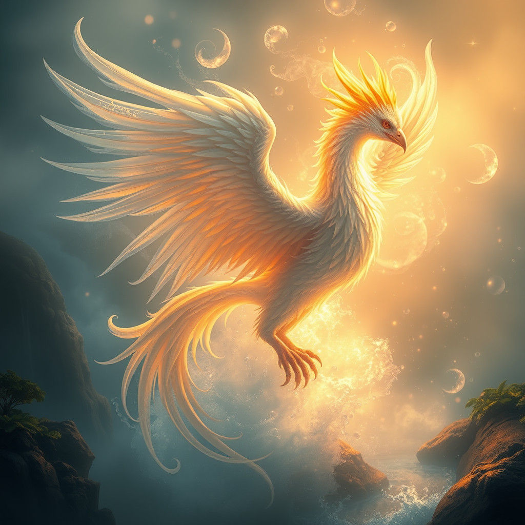 Majestic Water Phoenix Rising from Misty Depths