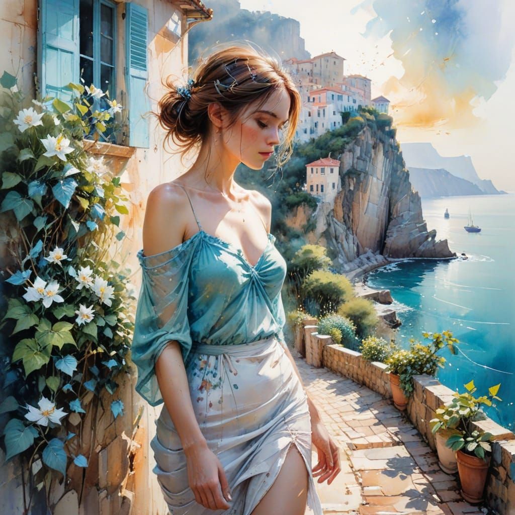 Mediterranean Coastal Town in Watercolor Style