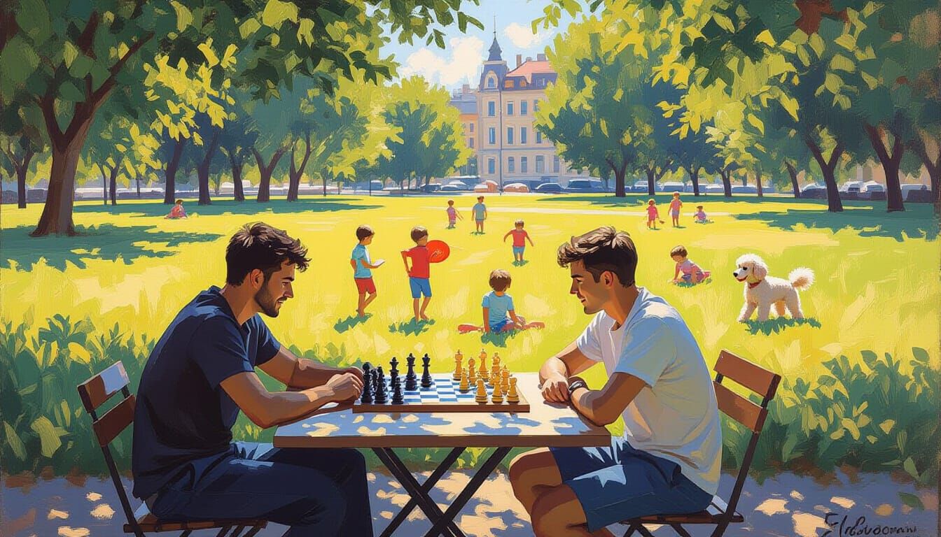 Impressionist Park Scene: Chess, Children, and Dogs