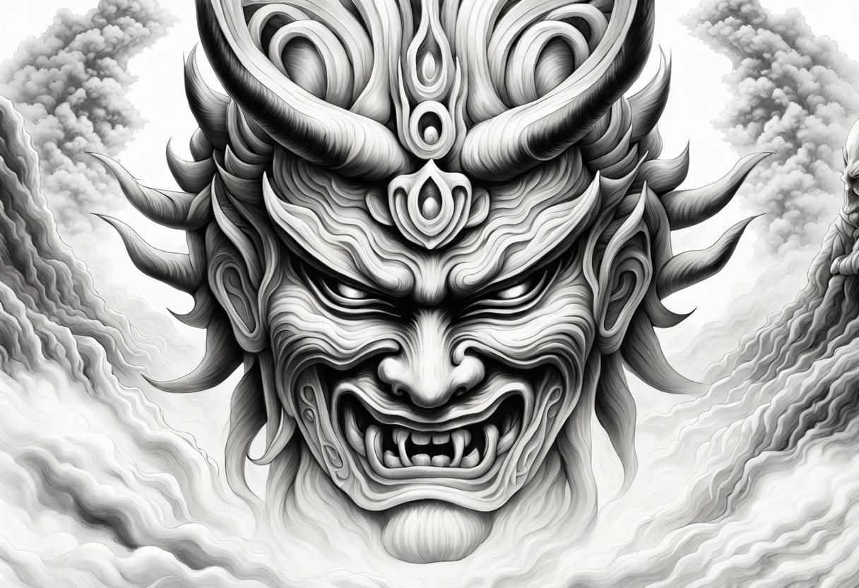 The Japanese mask of Susanoo is the god of storms sinister 8k resolution cosmic illustration hyperdetailed charcoal draw...