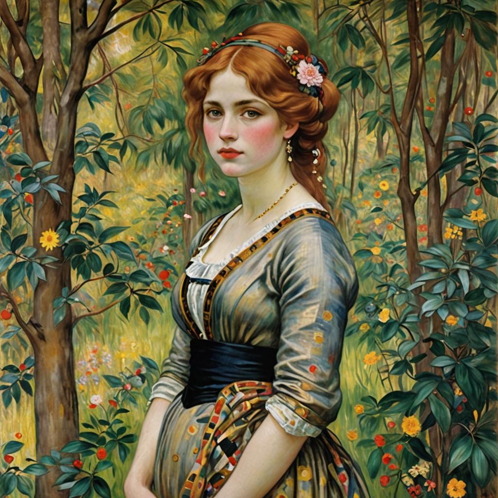 Elegant Woman in Klimt, Renoir, Waterhouse Style