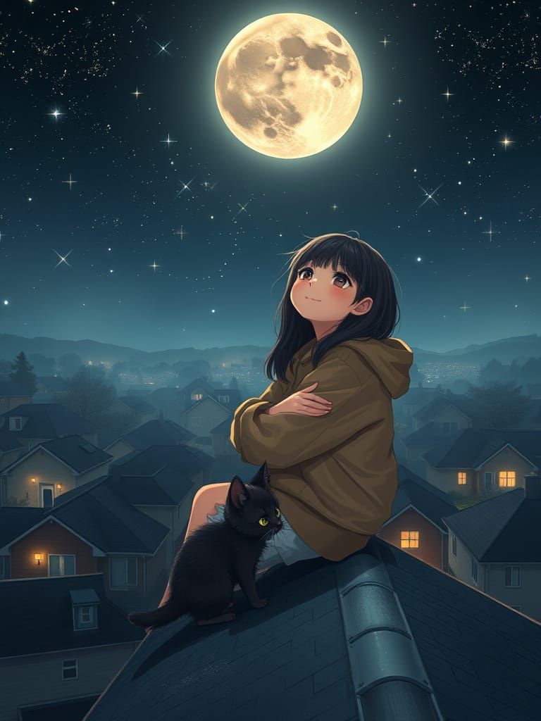 Girl Gazing at Stars in Suburban Rooftop Scene